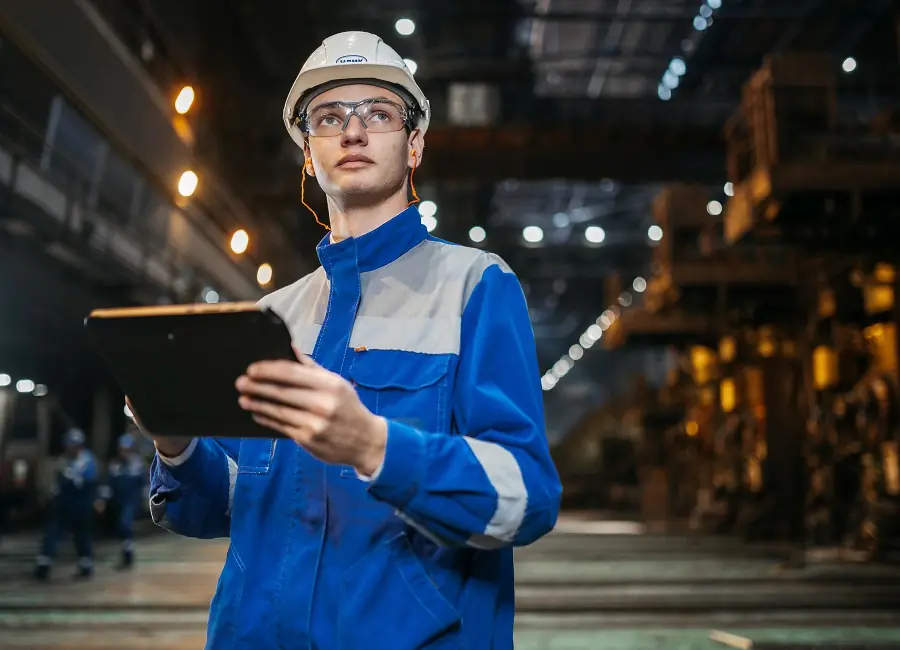Profesional supervisando activos y maquinaria mediante una tablet